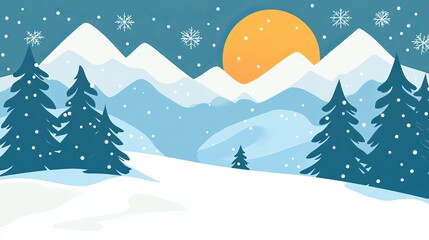 A snowy mountain scene with trees under a sunny sky. The illustration is simple and clear, showing a beautiful winter landscape.