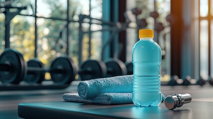 A refreshing sports drink sits beside a towel and dumbbell in a bright gym, promoting hydration and fitness.
