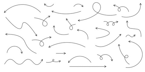 Set of black dotted arrows in doodle style. Broken arrows in the form of a loop. Flow direction. Pointers to the wire, up, down. Curved line. Vector illustration.
