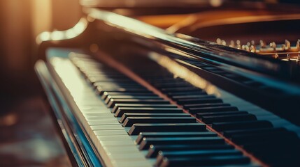 grand piano with a glossy black finish, close up