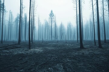 Naklejka premium A forest completely burned by a wildfire, blackened trees and ash-covered ground, low light