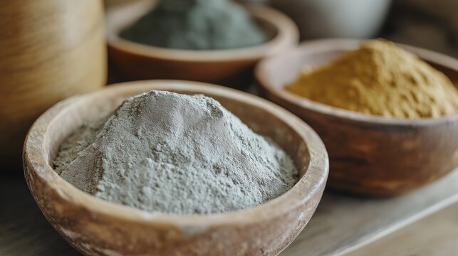 Natural clays like kaolin and bentonite in bowls