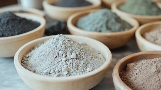 Natural clays like kaolin and bentonite in bowls