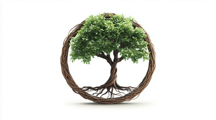 A tree with intertwined roots forming a circle, representing community and nature, icons on eco-friendly themes