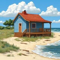 Charming coastal cottage by the beach with clear blue skies and gentle waves