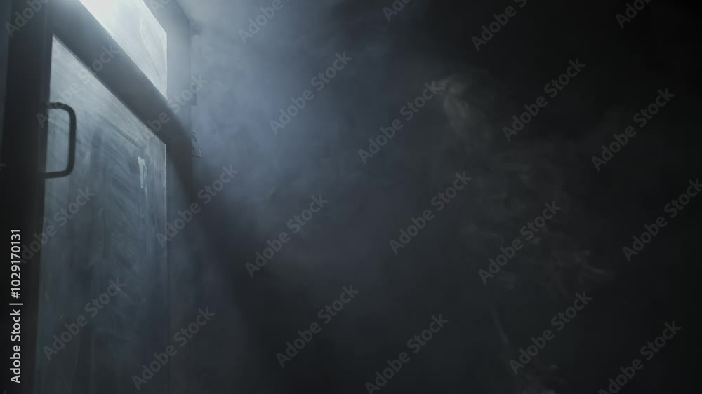 Wall mural soft diffused rays of light illuminate the foggy darkness and the window.