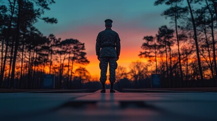 Fototapeta premium Soldier silhouette against a stunning sunset with trees, creating a powerful scene.