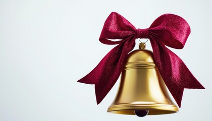 A shiny gold bell adorned with a red bow, symbolizing celebration and festive occasions.
