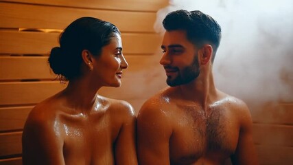 Couple in a sauna. Romantic situation and intense looks. Spa vacation.