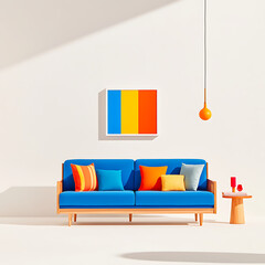 Minimalist Living Room with Blue Sofa and Colorful Pillows