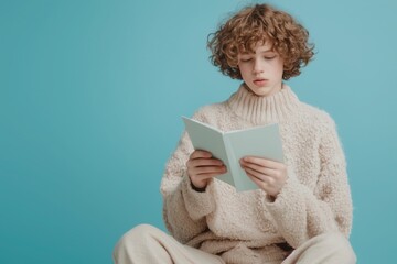 Young man, teenager with a book on a blue background. Boy - teenager in beige clothes reading a book. Person at reading, copy space.