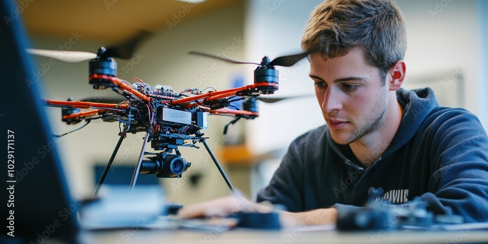 Poster engineer designing a custom-built drone, working on aerodynamics and integrating sensors.