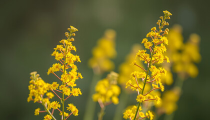 Obraz premium Canadian goldenrod, .Solidago canadensis yellow flowers selective focus isolated with white highlights, png