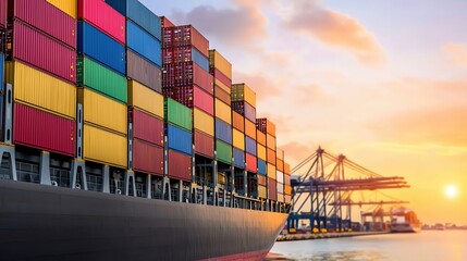 Naklejka premium Cargo ship loaded with colorful containers at port during sunset.