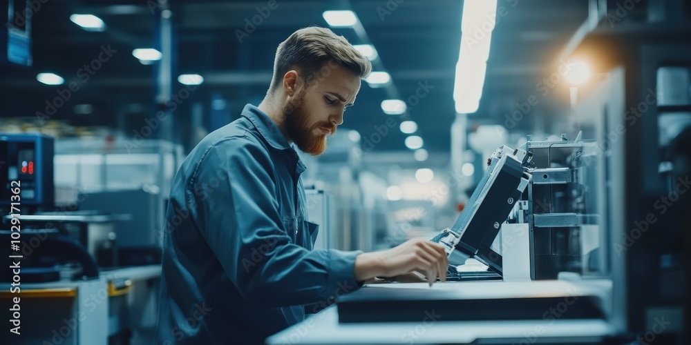 Poster engineer programming automated machines in a factory, adjusting settings to maximize production spee
