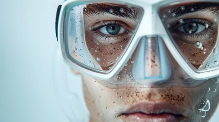 Obraz premium Man with diving mask, white background, underwater gear