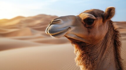 Obraz premium Close-up of a camel against a desert landscape during sunset.