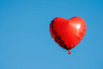 Fototapeta premium A bright red heart-shaped balloon floats against a clear blue sky, symbolizing love and celebration.