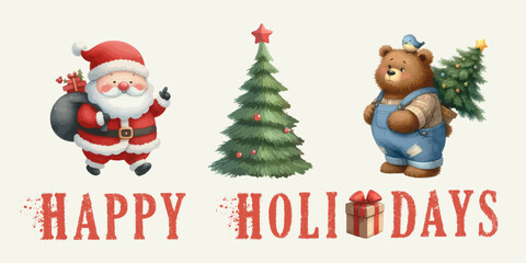 Happy Holidays watercolor Christmas banner. Christmas tree, Santa Claus, bear.