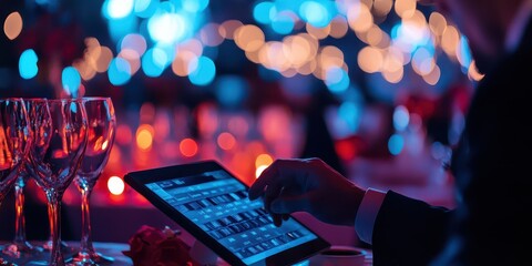 Event planner organizing a corporate gala, adjusting seating arrangements on a digital layout.