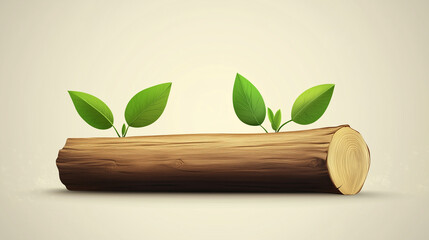 A wooden log with leaves sprouting from it, representing wood conservation and natural resources, Organic and eco friendly, vector and minimalistic