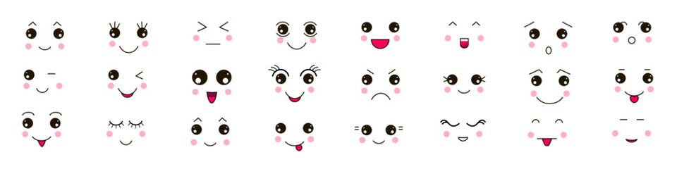Cute cartoon faces. Set of emoticon icons. Smiling mouth, winking eyes, surprised facial expression. Funny cartoon emotional character.   Vector.