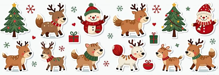 Fototapeta premium Christmas collection with cute animals: bear, fox, squirrel, bird, Santa Claus, Snowman and christmas decorative elements 