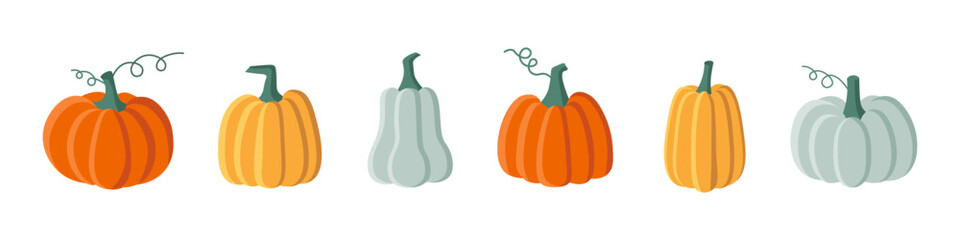 Pumpkin icons set. Harvest ripe vegetables for a black outline design. Thanksgiving holiday, Halloween. Vector.	