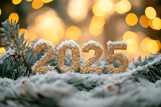 Golden 2025 numbers covered with snow announce new year on fir branches