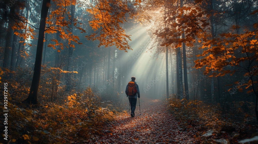 Poster a solitary hiker walks along a serene forest trail, surrounded by vibrant autumn foliage. sunlight f