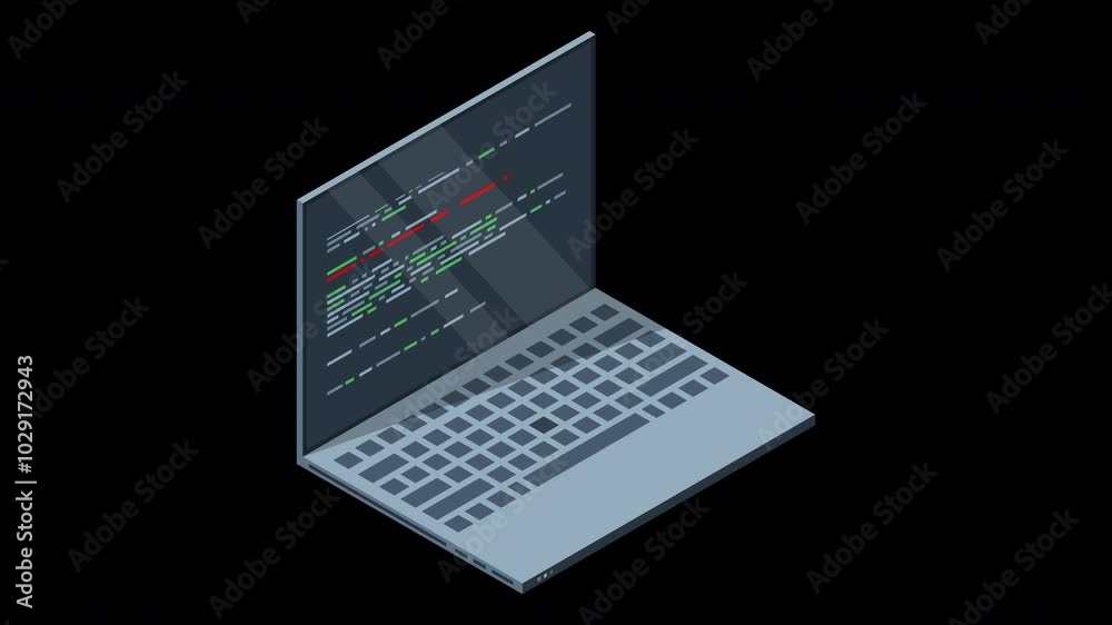 Fototapete Isometric laptop with program code on screen animation. Programming concept. Web development. Transparent background with alpha channel