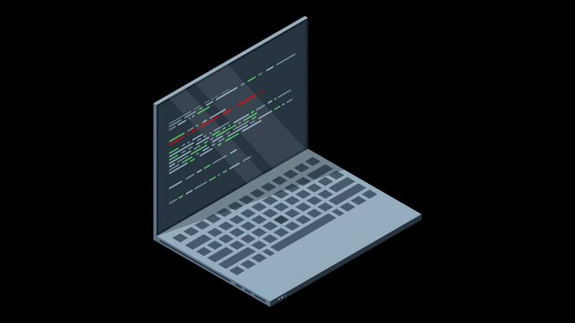 Isometric laptop with program code on screen animation. Programming concept. Web development. Transparent background with alpha channel