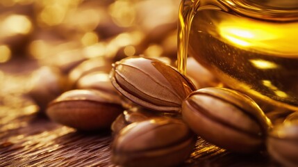 Organic jojoba seeds displayed with golden oil