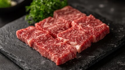 Fototapeta premium Top-down shot of Wagyu beef arranged on dark gray marble, with a focus on the quality and simplicity of the layout.