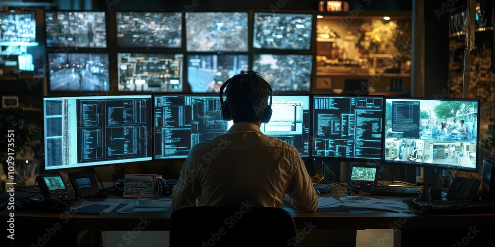 Poster it security specialist monitoring network activity across multiple screens and interfaces