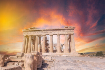 greece capital athens and acropolis ancient artifacts touristic points of interest daytime and sunset light
