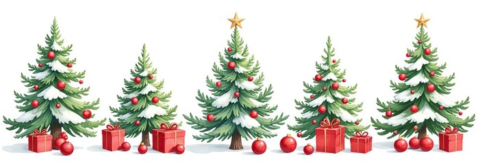 Set of Christmas trees. Christmas tree without decorations, with decorations and with snow. Vector new year image isolated on white background.	