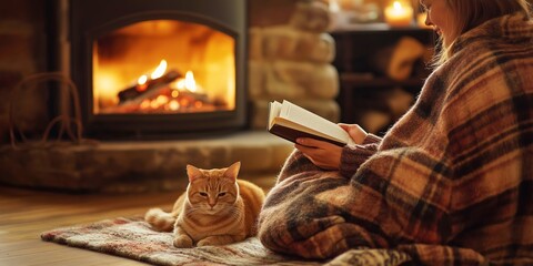 Woman sitting by the fireplace wrapped in a blanket, reading a book with a cat resting nearby, creating the perfect cozy winter evening scene, copy space, selective focus

