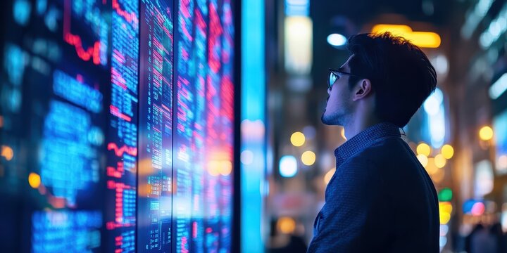 Investor reviewing stock market performance, large screens showing real-time stock tickers and charts.