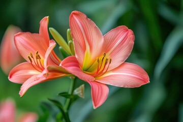 Fototapeta premium Delicate pink lilies bloom gracefully in a lush garden under soft afternoon light
