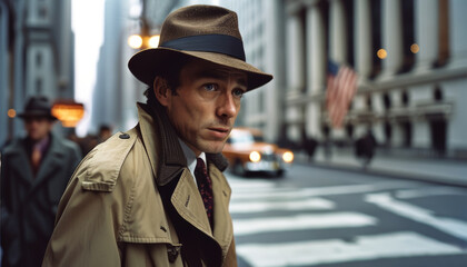 Secret agent in a trench coat tailing a target in a 1960s urban setting