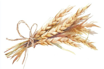 A delicate watercolor illustration of a tied bundle of wheat, showcasing its natural golden hue, symbolizing harvest and agriculture.