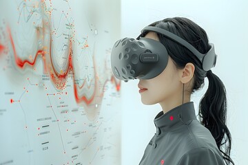 Close-up of a young Asian scientist using VR in a futuristic lab with AI technology.
