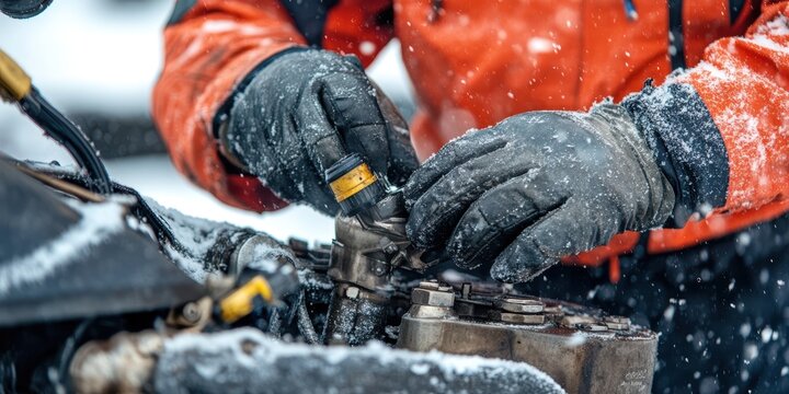 Mechanic fixing a snowmobile engine in freezing temperatures, using heavy gloves and specialized tools.