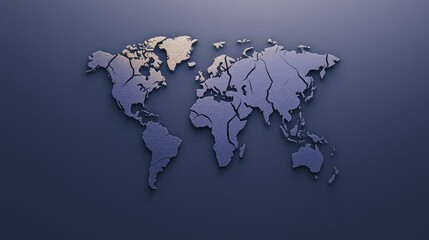 Naklejka premium A world map disintegrating into fragments, symbolizing economic turmoil, with deep shades of purple and black swirling around it.