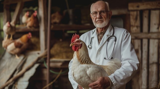 Elderly Caucasian veterinarian in rustic barn examines a chicken showcasing experience and dedication to animal care