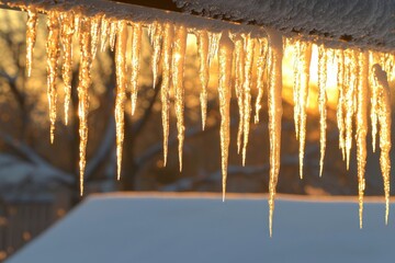 A close-up of icicles hanging from a roof, illuminated by warm sunlight during winter, highlighting the beauty of the season.