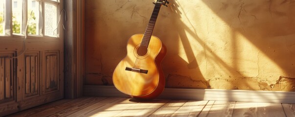 Guitar leaning against the wall, 4K hyperrealistic photo