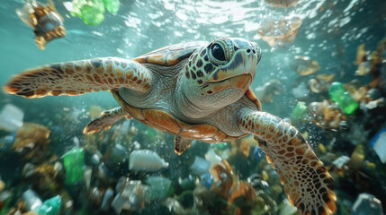 Fototapeta premium large turtle swimming gracefully in clean water surrounded by plastic debris, highlighting impact of pollution on marine life