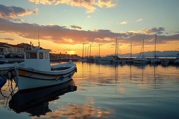 Fototapeta premium Fishing boat reflecting on tranquil water at sunset